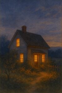 small house lit up at night.