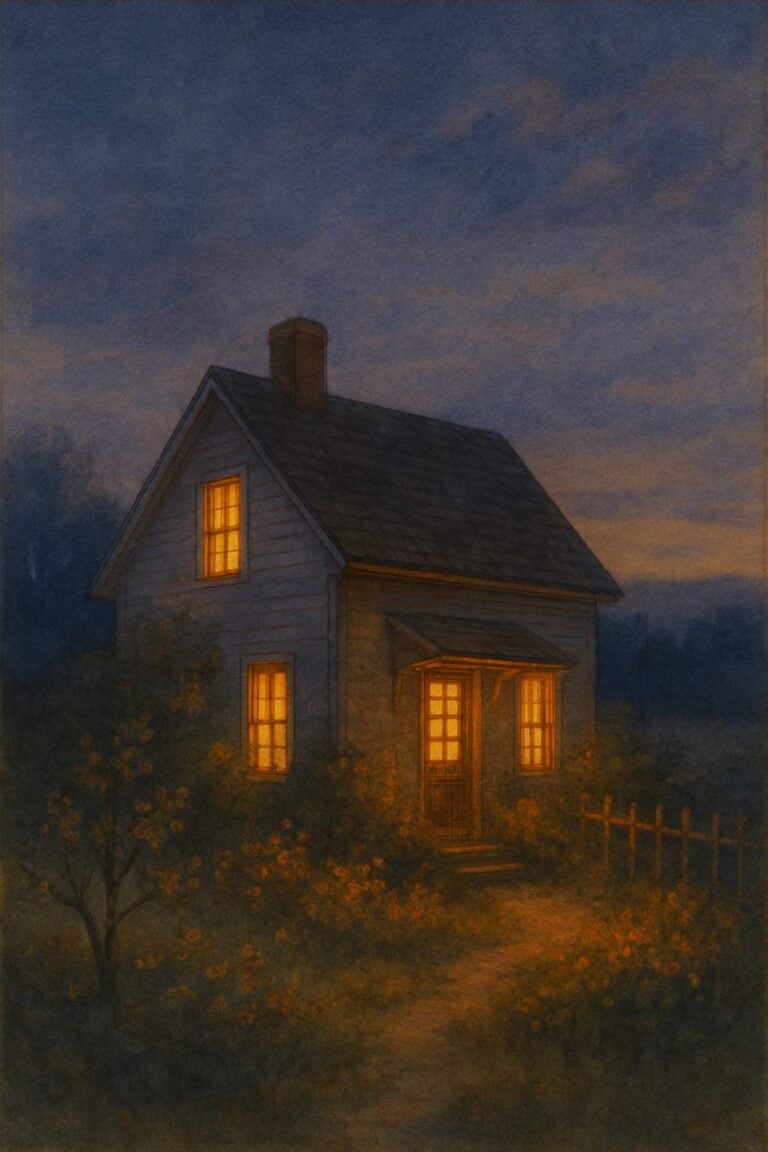 small house lit up at night.