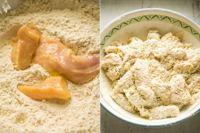 chicken breast being breaded in bowls.