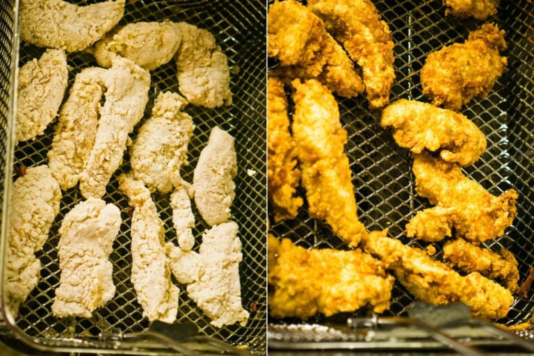 deep fryer basket with chicken before and after frying.