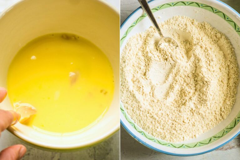 mixing bowls of milk and egg baten together and bread crumbs and seasoned flour mixed together.