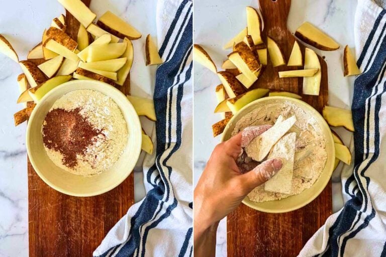 tossing potato wedges into seasoned flour.