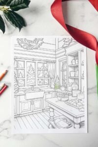printed farmhouse christmas coloring page showing kitchen scene.