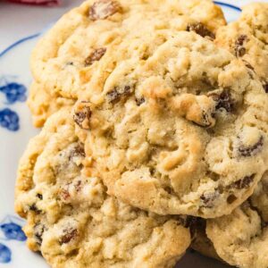 close up of plated golden raisin cookies.