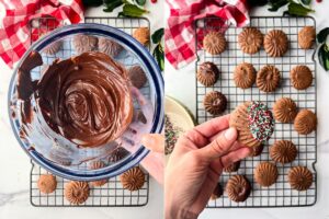 melted chocolate in mixing bowl and cookies dipped in sprinkles.