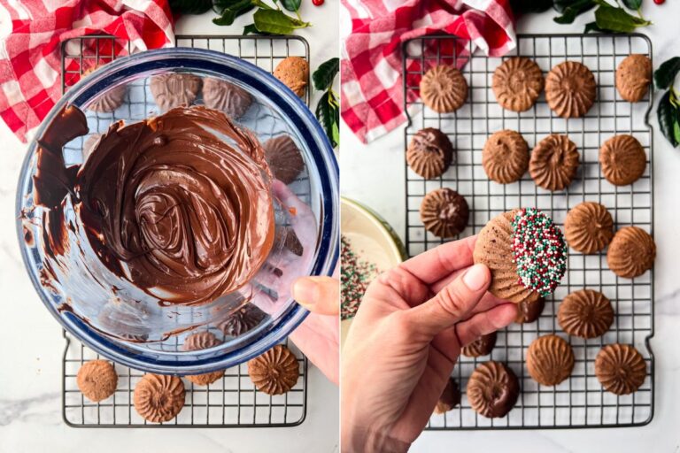 melted chocolate in mixing bowl and cookies dipped in sprinkles.