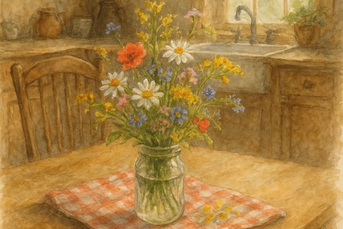 kitchen table with wildflowers.