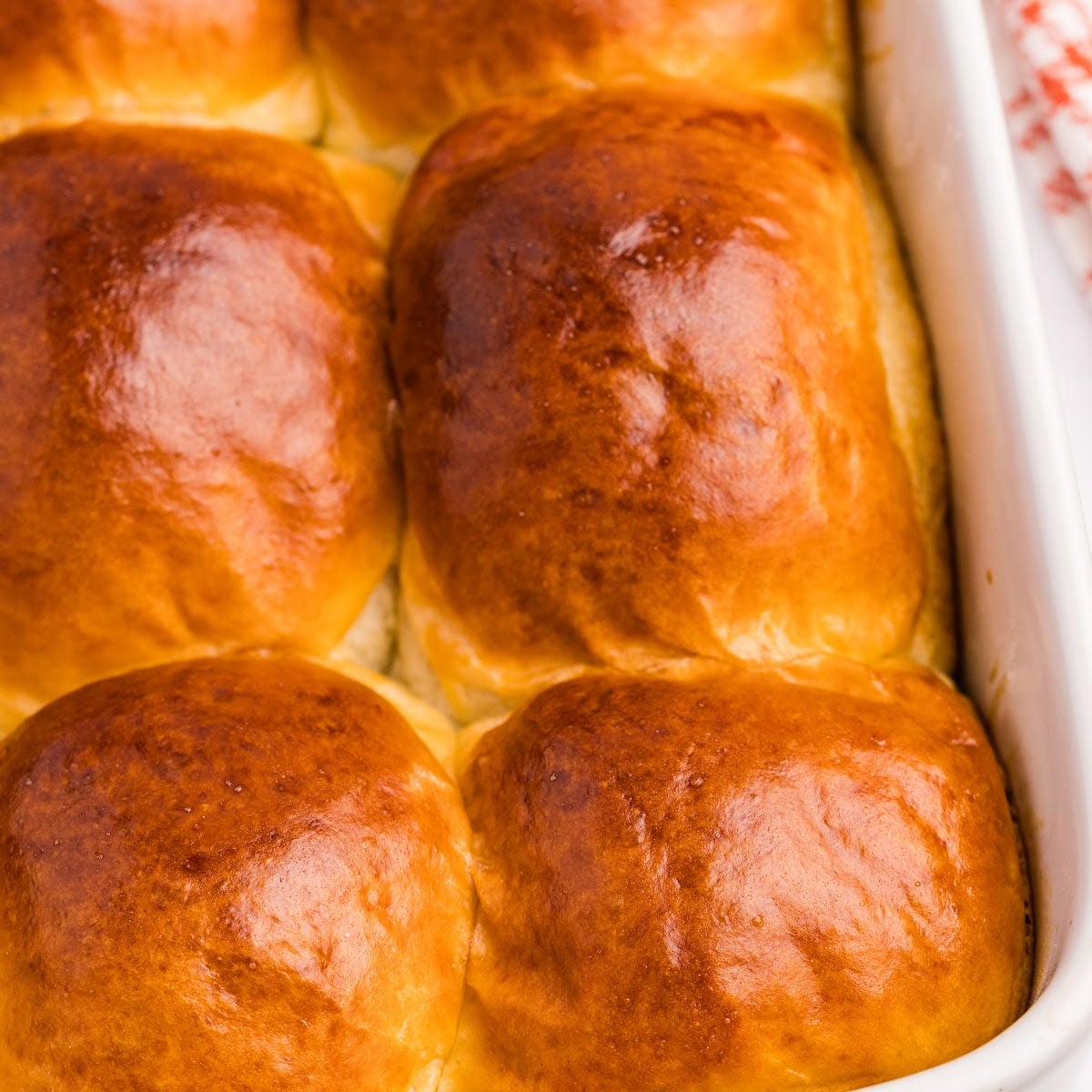 close up of golden brown sourdough dinner rolls in white baking dish.