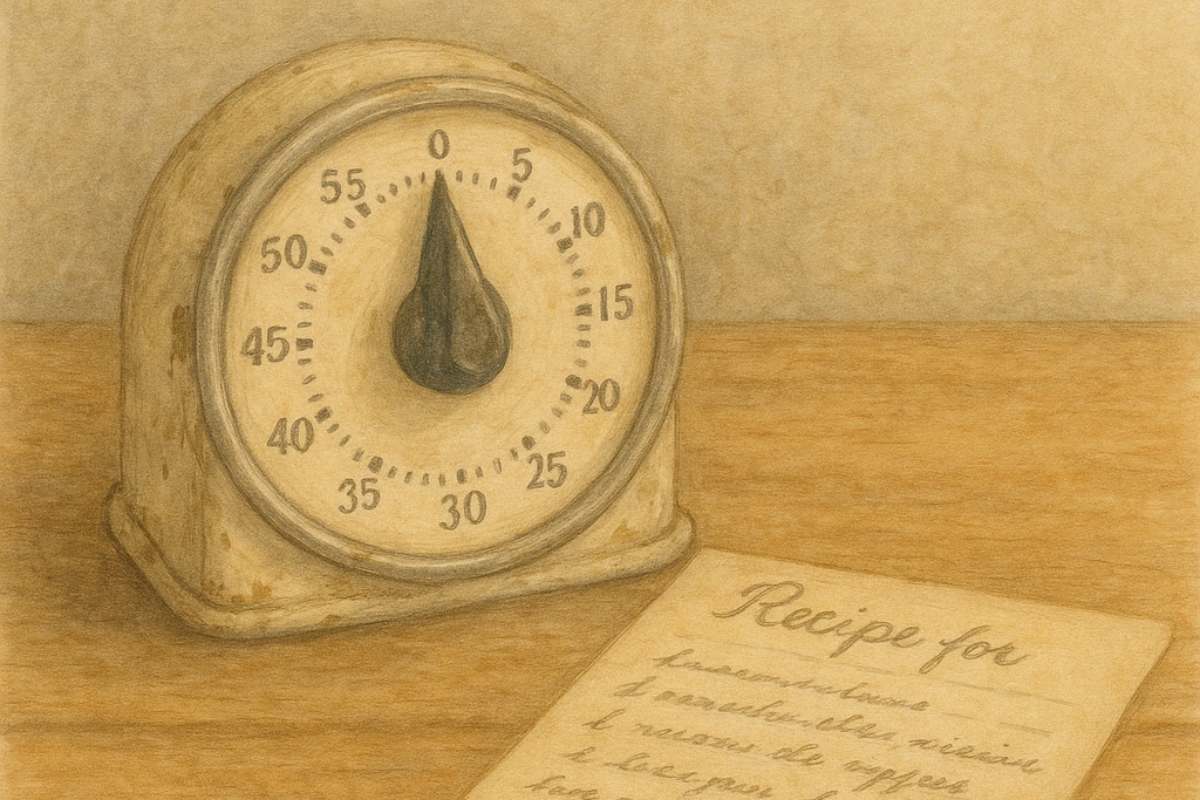 Vintage kitchen timer with handwritten recipe card on wooden countertop