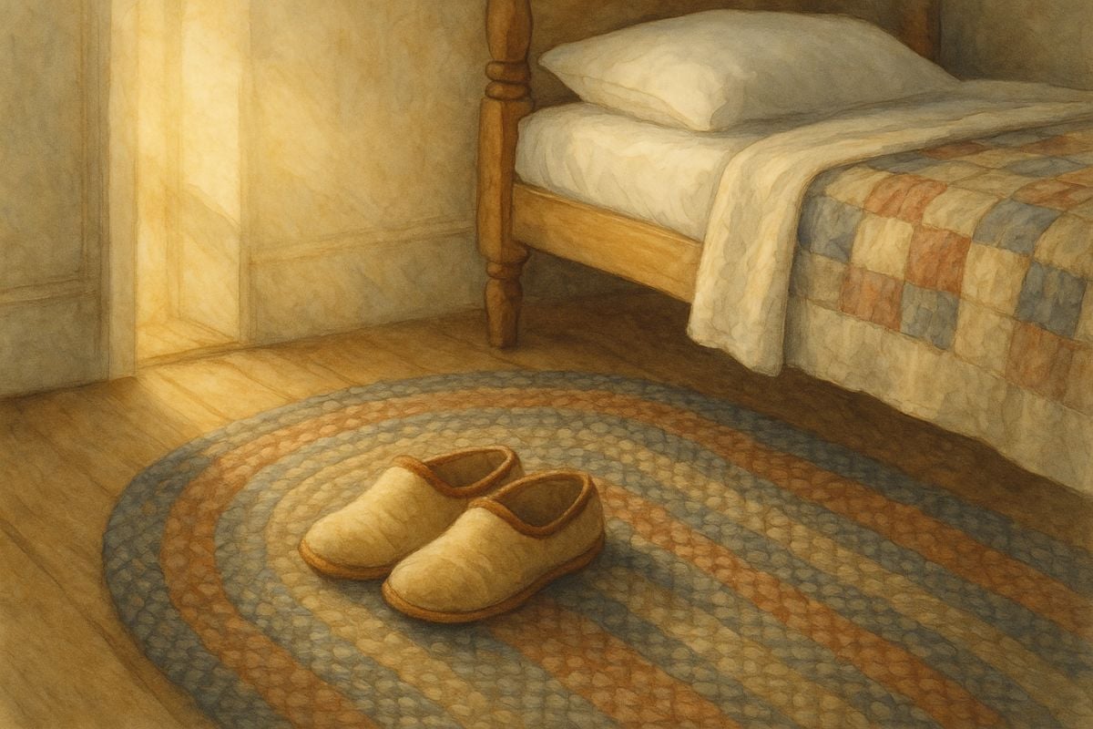 Wool slippers on a braided rug beside a simple wooden bed.