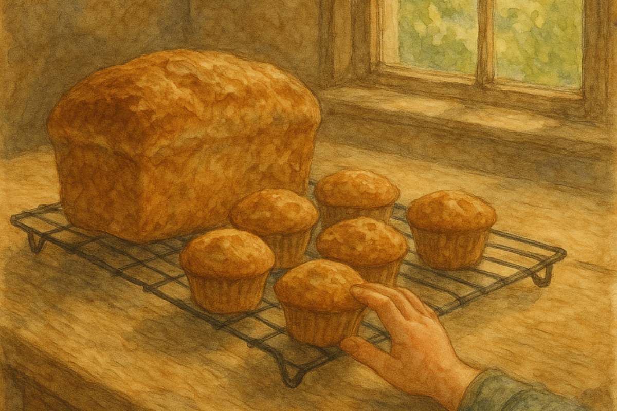 A loaf of bread and six muffins on a cooling rack near a window.