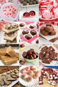 A collage showcasing 12 types of Valentine’s Day candies: pink candy bark with heart designs, chocolate-covered cherries, red peppermint bark, layered peanut butter chocolate fudge, heart-shaped chocolate truffles, classic chocolate fudge, butterscotch squares, colorful chocolate-covered candies with sprinkles, chocolate bark decorated with Valentine’s Day sprinkles, almond toffee, white chocolate truffles drizzled with pink, and marshmallow fudge with nuts.