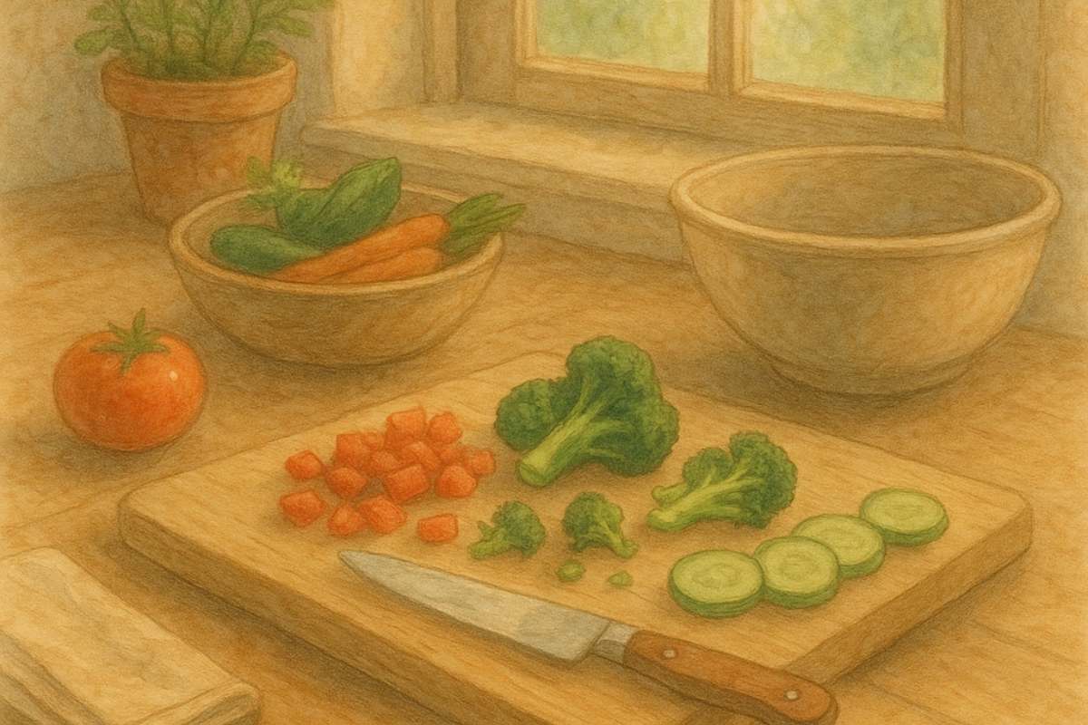 Fresh vegetables being chopped on wooden cutting board near window with herbs, featuring carrots, broccoli, cucumber, and tomato.
