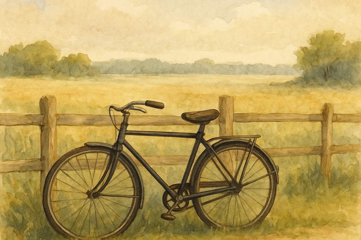 A black bicycle leaned against a wooden fence in a field.