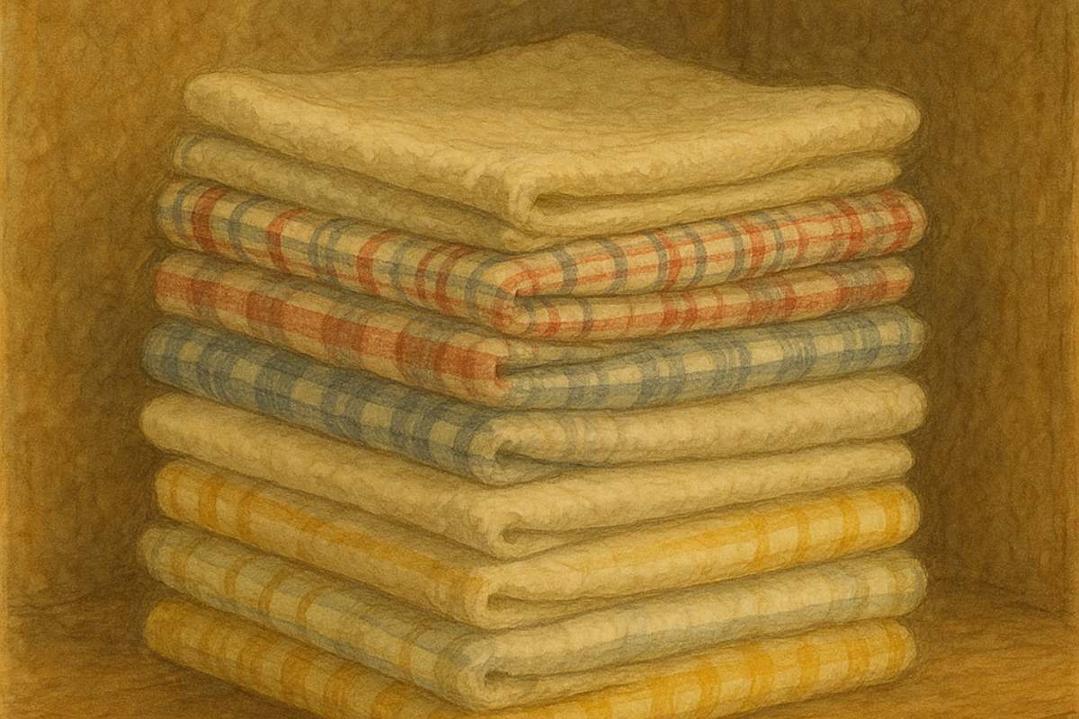 A stack of folded checkered kitchen towels in red, blue, and yellow.