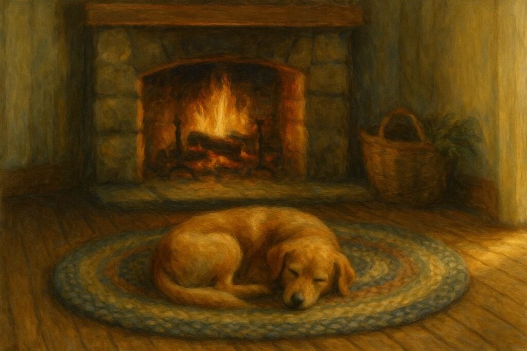 A yellow dog sleeping on a braided rug in front of a fireplace.