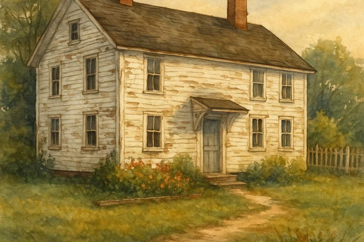 A white farmhouse with peeling paint and a flower garden.