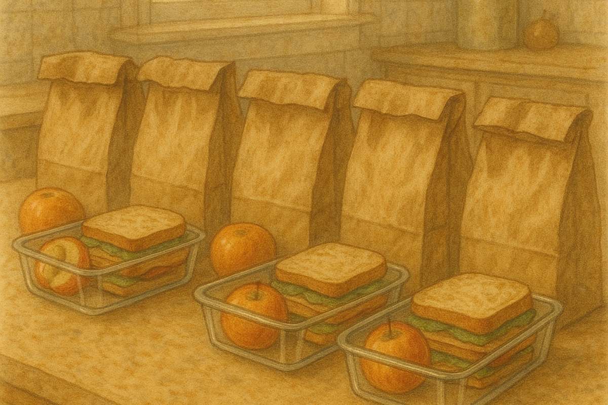 Five paper lunch bags with sandwiches and oranges on a kitchen counter.