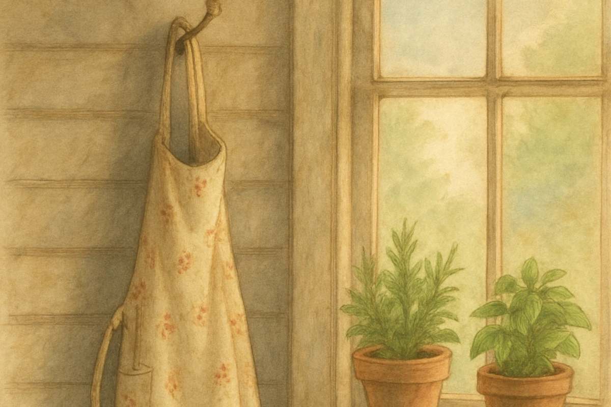Floral apron hanging on wall hook beside sunny window with potted herbs