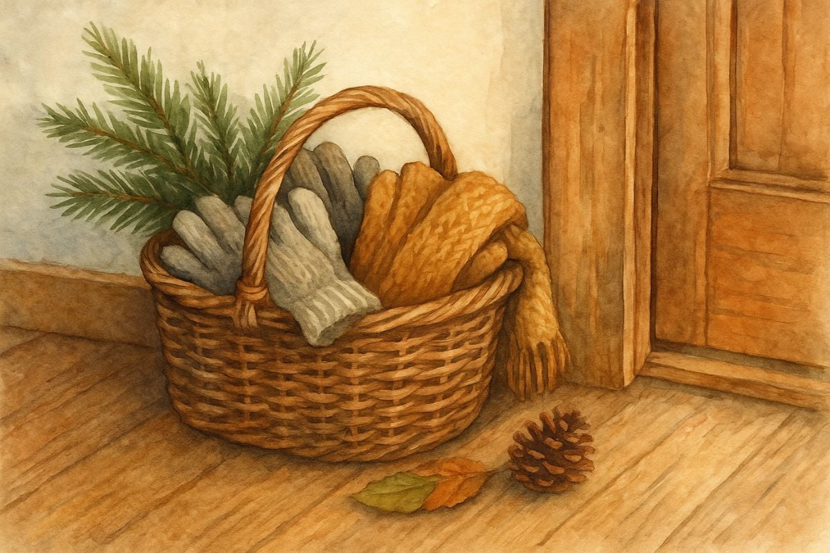 A basket of gloves and scarves next to a wooden door.