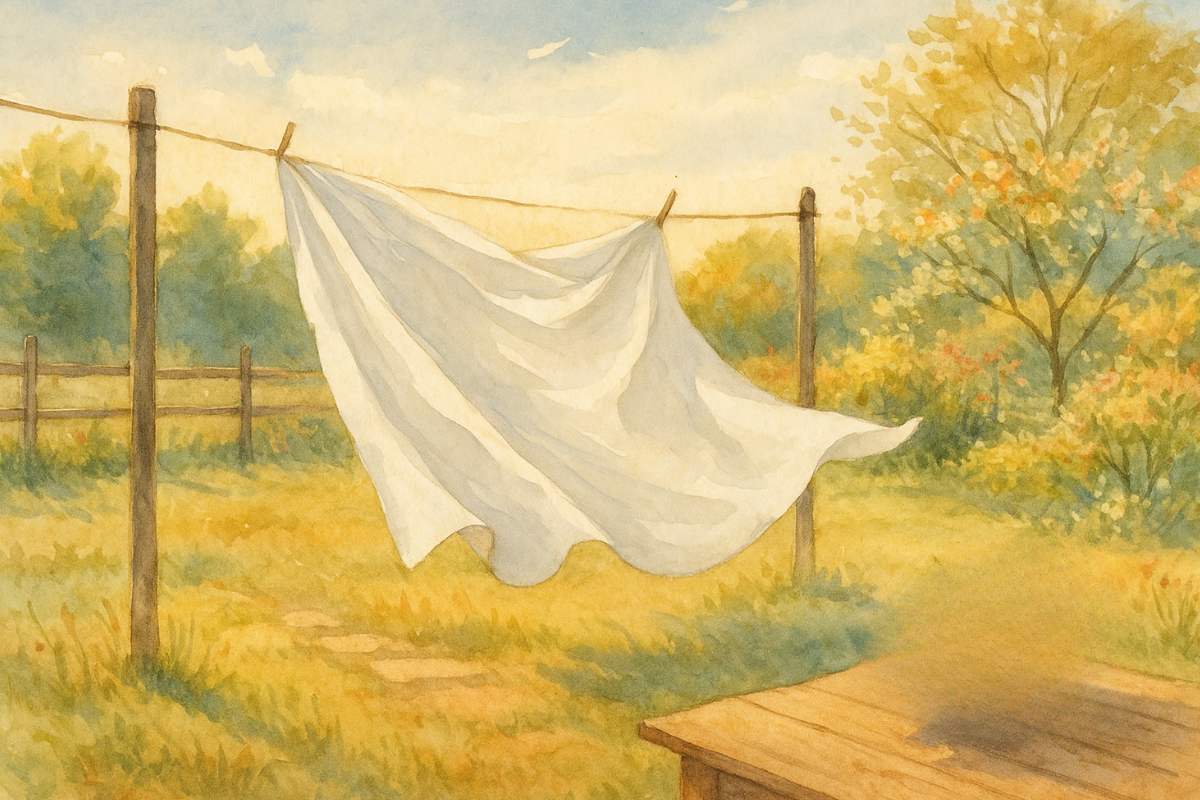 A white sheet blowing on a clothesline in a sunny yard.