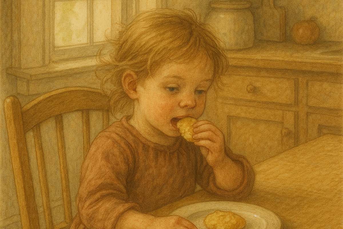 A young child sitting at a table, eating a muffin from a plate.