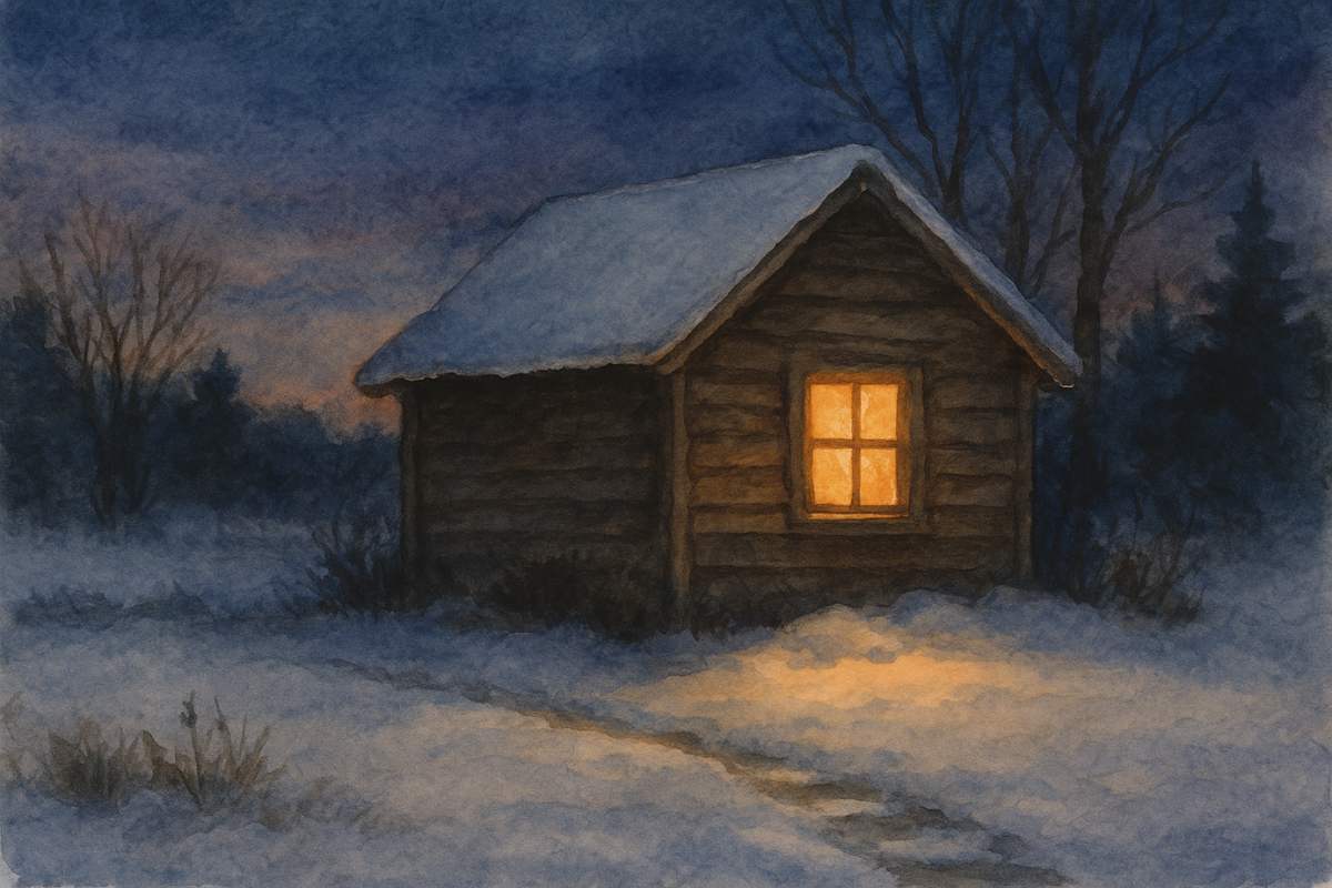 A small cabin in the snow with one window lit up.