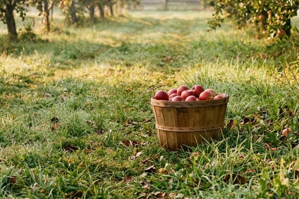 A wooden basket filled with red apples on the grass in an apple orchard.