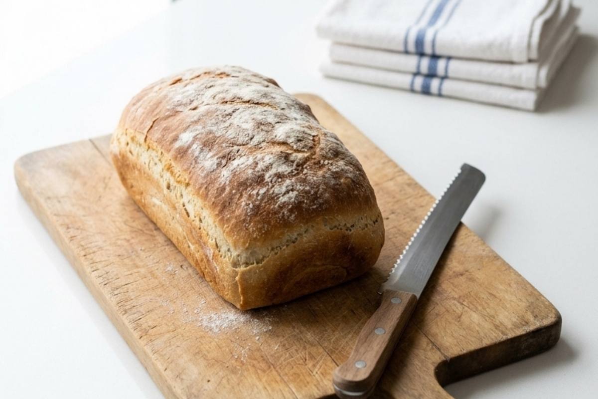 A loaf of bread on a wooden cutting board with a serrated knife.