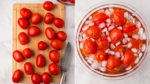 cutting x in tomato skin and tomatoes in ice bath.