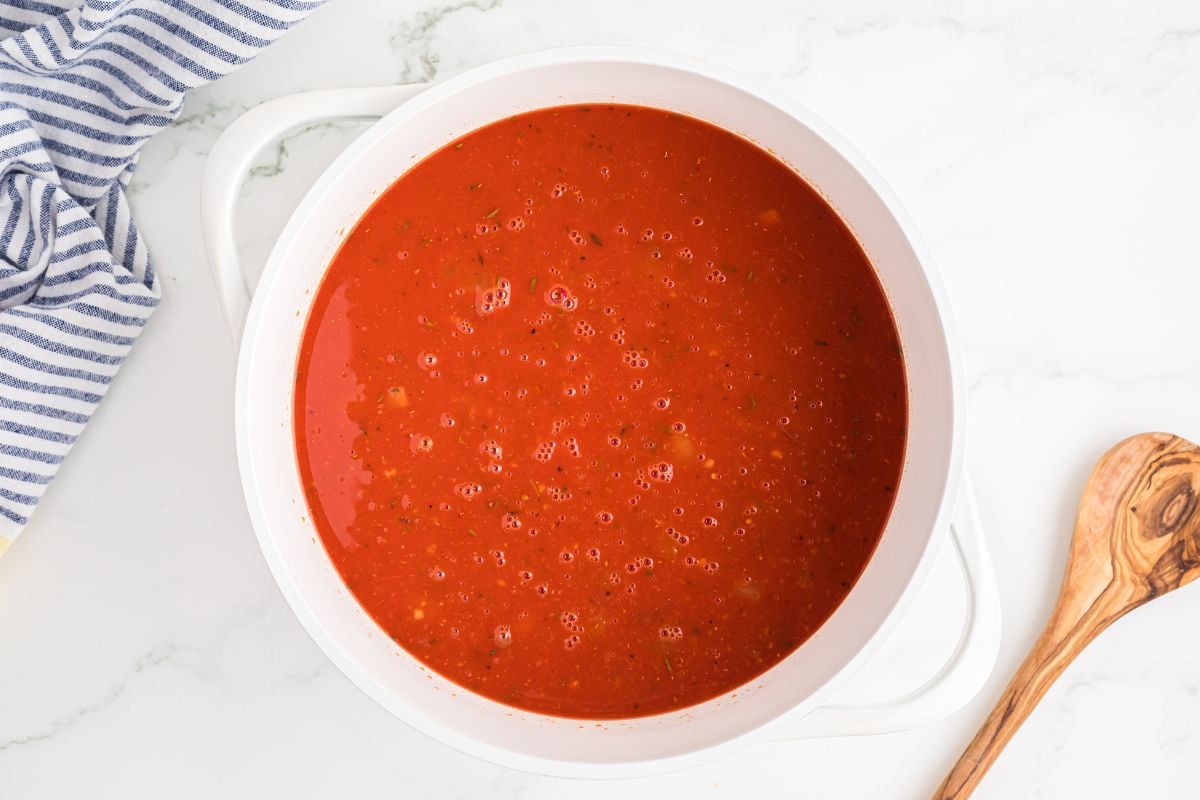 red tomato sauce/broth in pot.