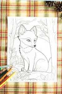 printed fox coloring page on plaid cloth.