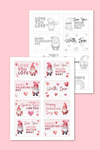 A presentation of eight Valentine's Day cards ready for printing, with four in black and white for coloring and four in full color. The cards display cute gnomes and playful puns such as 'With love' and 'Love you gnome matter what', set against a pink backdrop, showcasing both the colored and colorable options.