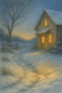 A snowy path leading to a house with warm lights in the windows.