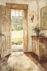 Sunlit country entryway with open door revealing garden views.