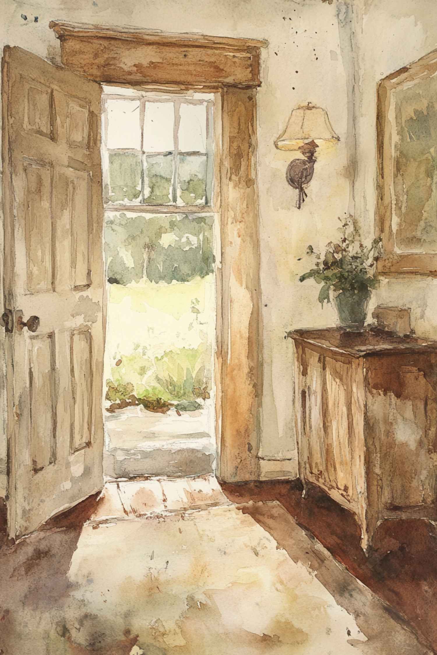 Sunlit country entryway with open door revealing garden views.