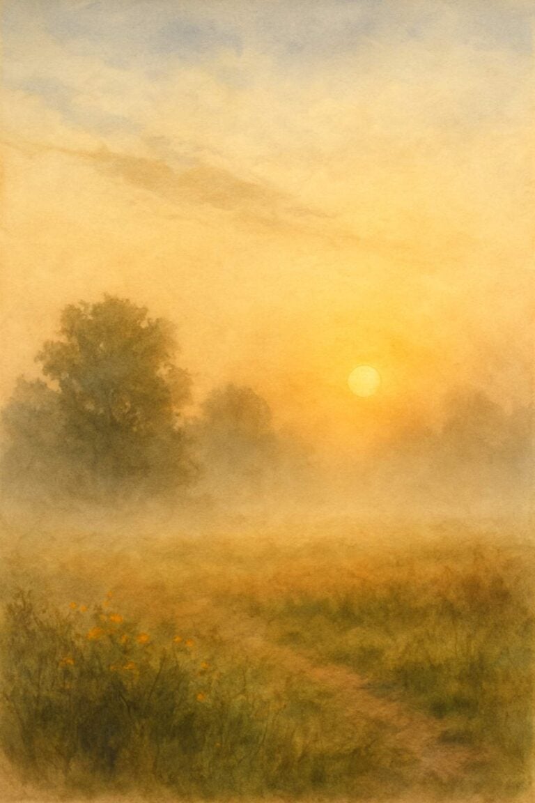 A foggy field with the sun rising behind trees.