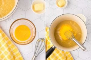 A bowl of beaten egg yolks beside a whisk and a small dish of butter, indicating the preparation steps for making lemon pie filling.