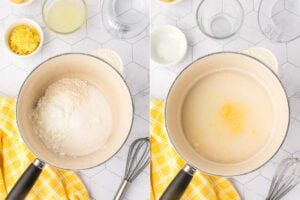 with sugar for lemon pie filling at an early stage of cooking, with a whisk for stirring, indicating the initial cooking phase.