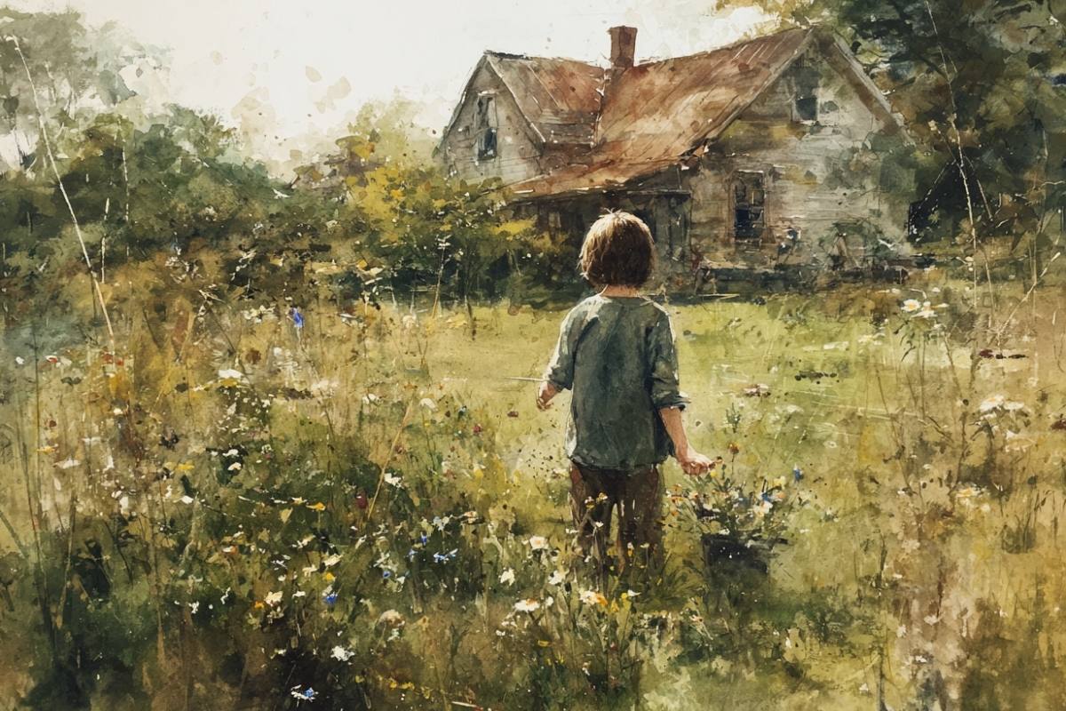 child in field of wildflowers.