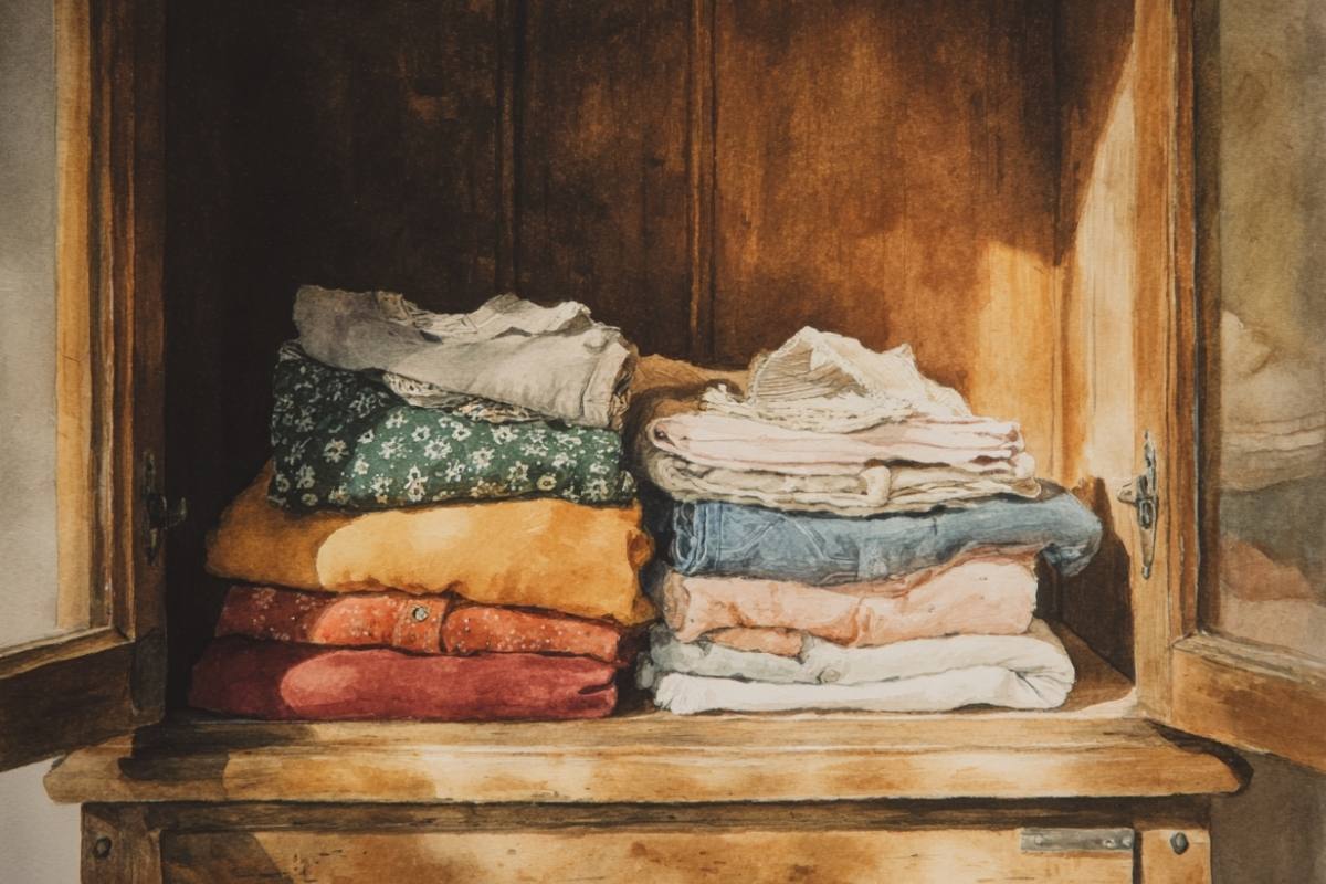 clothing folded in chest.