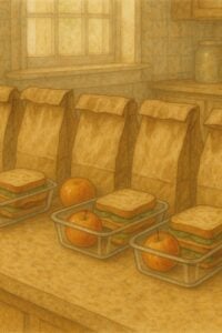 Lunch containers with sandwiches and fruit lined up in front of paper bags.