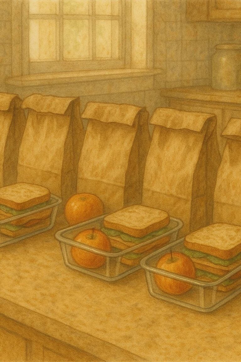 Lunch containers with sandwiches and fruit lined up in front of paper bags.