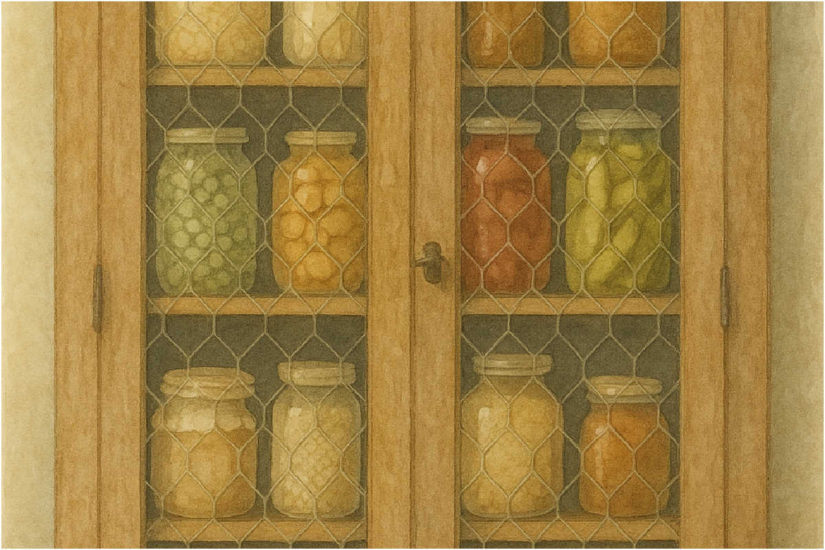 cabinet with mesh front, filled with jars.