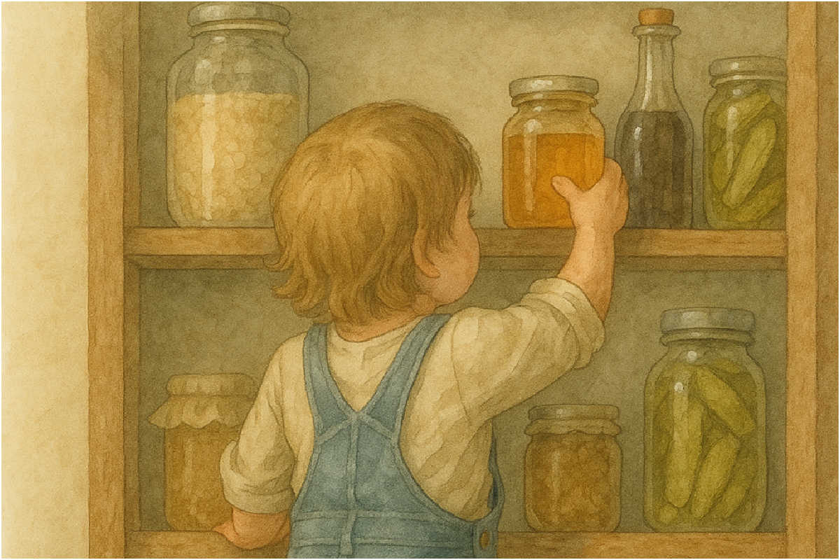 child lifting jar in cabinet.