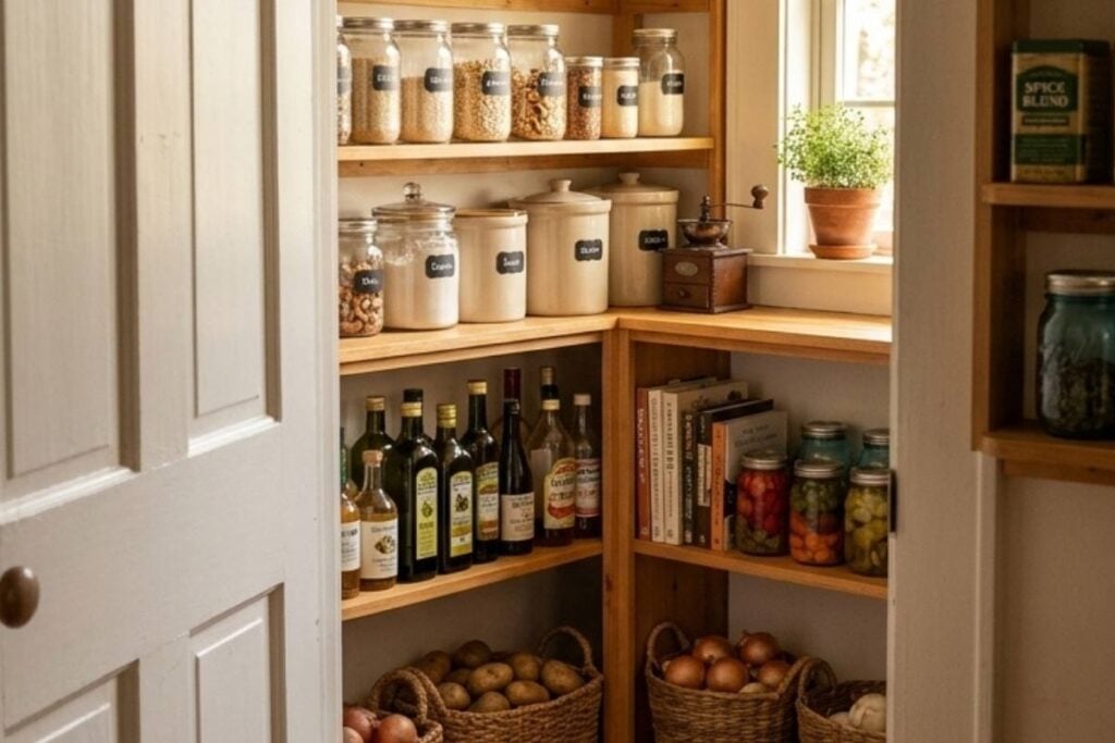Wooden pantry shelves with glass jars, bottles of oil, and baskets of onions and potatoes.