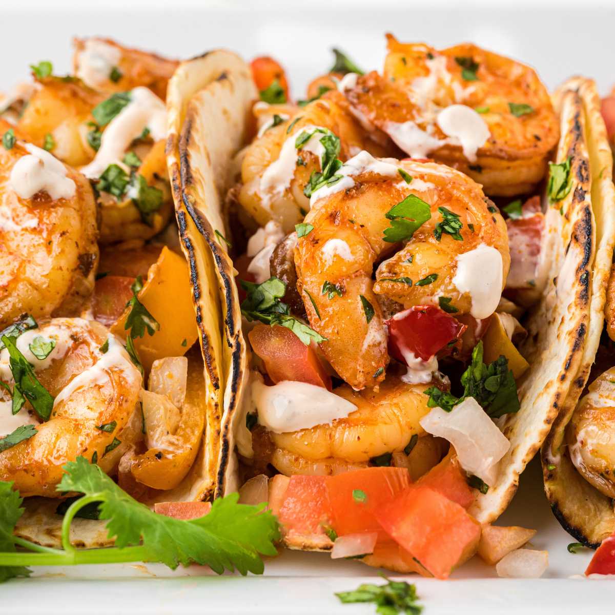 close up of shrimp fajitas.
