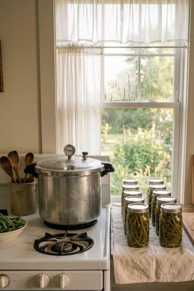 canned green beans next to stove.