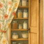 curtain showing pantry shelves behind wooden doors.