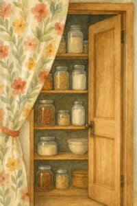 curtain showing pantry shelves behind wooden doors.